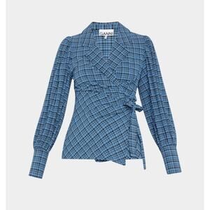 Ganni stretch seersucker wrap shirt 38 plaid top tie front long sleeve blue